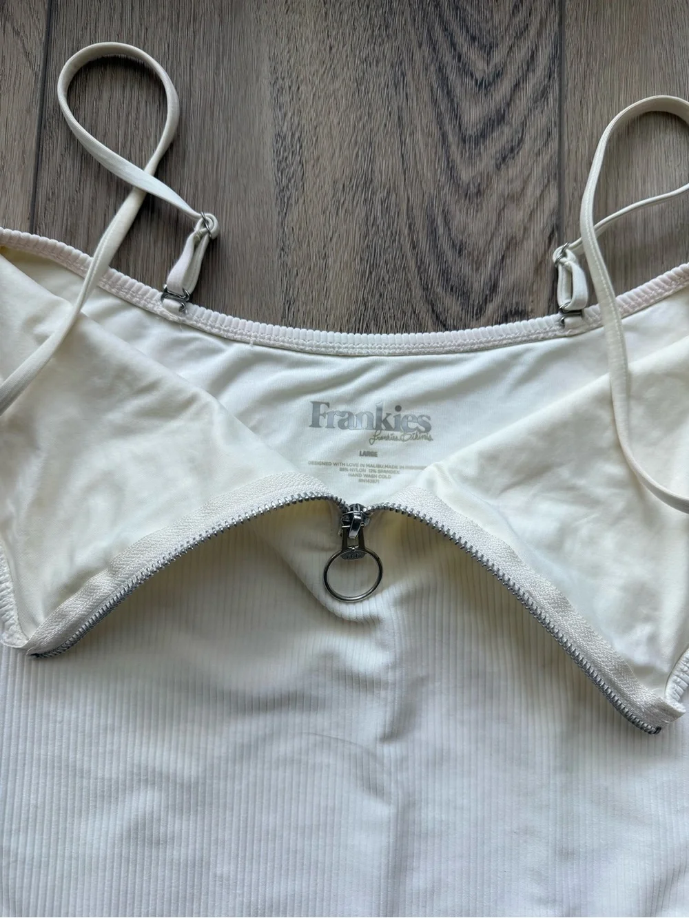 Frankie’s Bikinis White Ribbed Front Zipper One-Piece Swim Suit